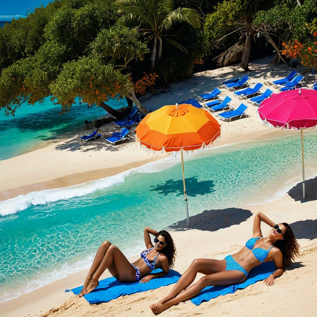 A refreshing beach scene featuring colorful branded swimwear and elegant lingerie displays on sun-kissed sand, surrounded by beach umbrellas and tropical flowers. Include sunbathers enjoying the sun, splashing waves, and the vibrant blue ocean in the background to evoke a lively summer atmosphere. Illustrate diverse models showcasing the styles in a playful yet stylish manner. vibrant colors. super-realistic.