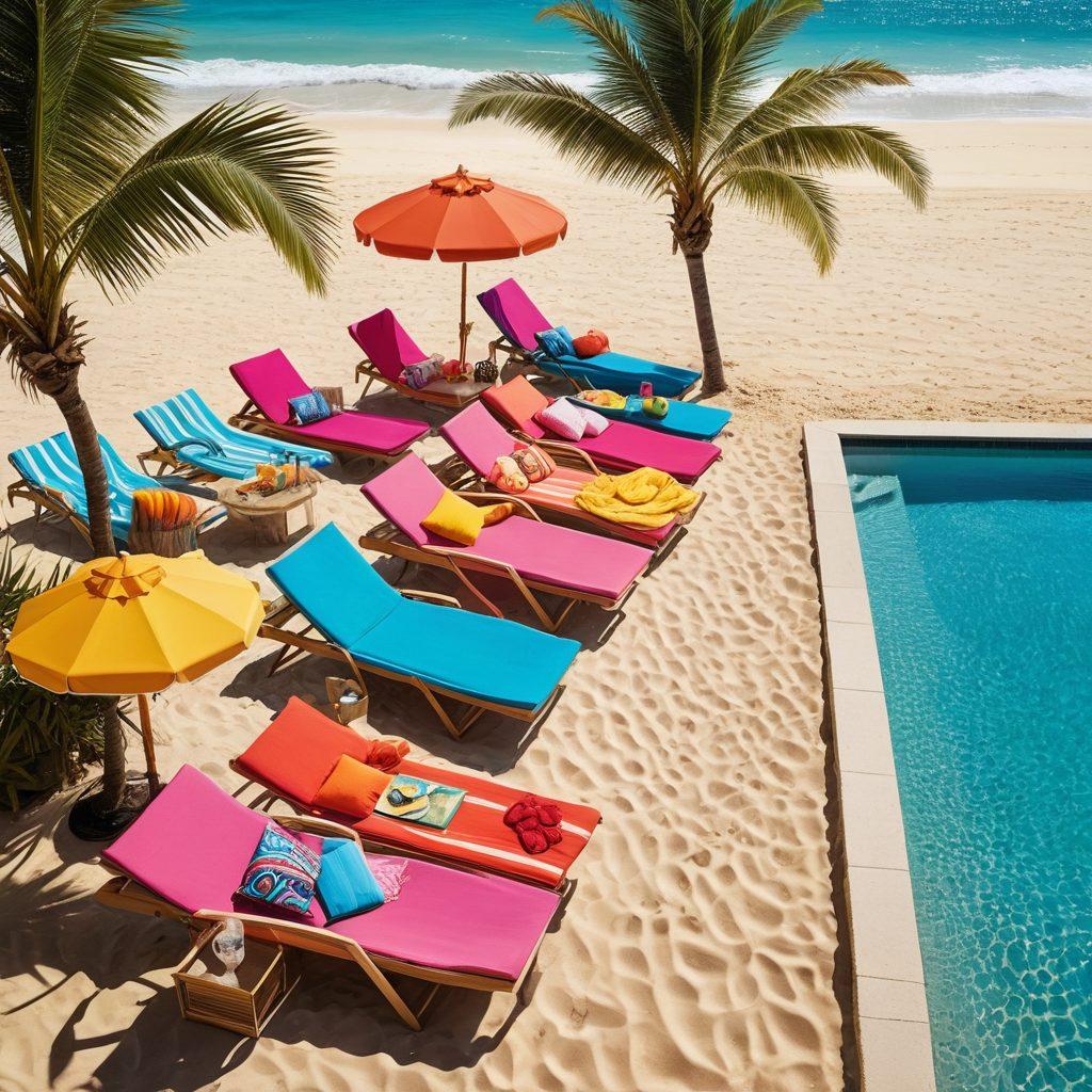 A vibrant summer scene on a sunny beach merging into a lively bar setting. Showcase a variety of chic thongs in bold summer colors, accessorized with stylish sunglasses, beach hats, and fun beach towels. The beach should feature turquoise waves and sand, while the bar has colorful cocktails and lively decorations. Include elements of relaxation and fun, capturing the essence of summer fashion. hyper-realistic. bright colors. sunny atmosphere.